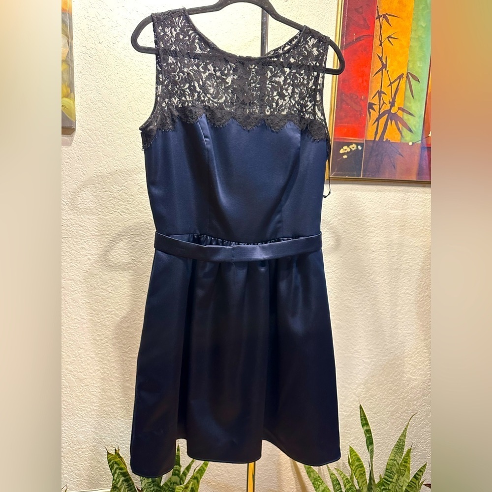 After six black lace/blue belted dress size 12